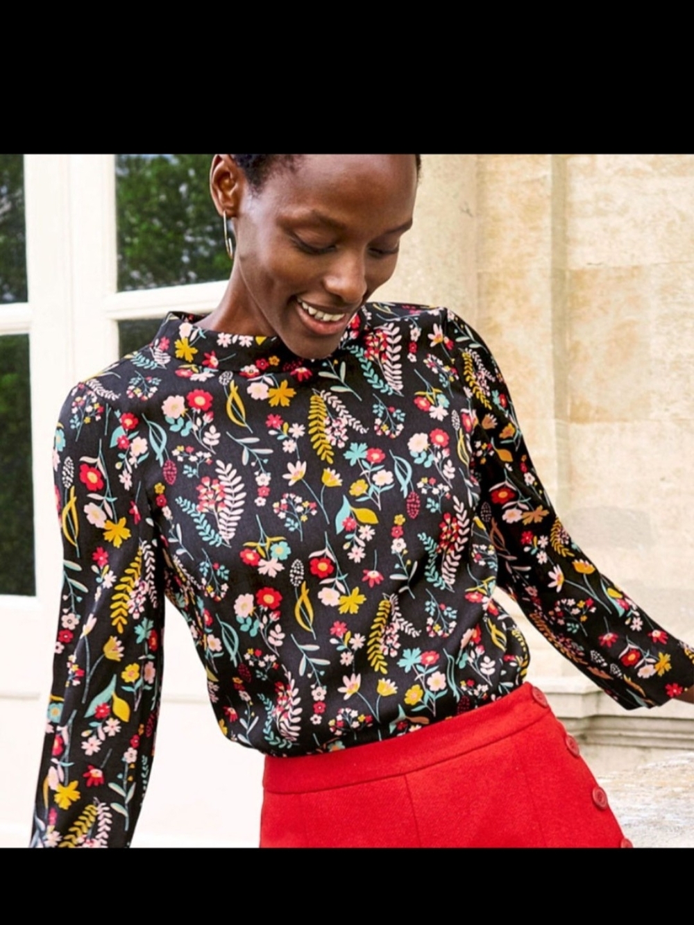 Boden Black Floral Mock-Neck Lily Top Blouse Multicolor Blooms US 8R